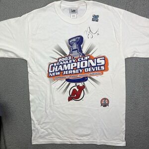 VTG New jersey Devils T-Shirt Stanley Cup Champions White Lee Sports Signed Sz M